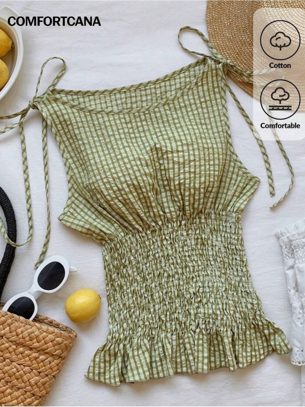 SHEIN Olive Green Gingham Tie-Shoulder Smocked Camisole